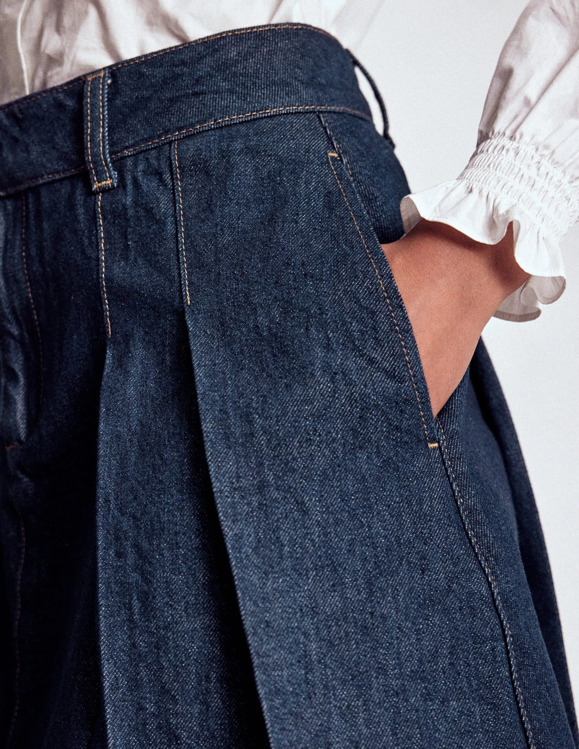 Double Layered Design Polka Dot Pleated Denim Skirt-Indigo