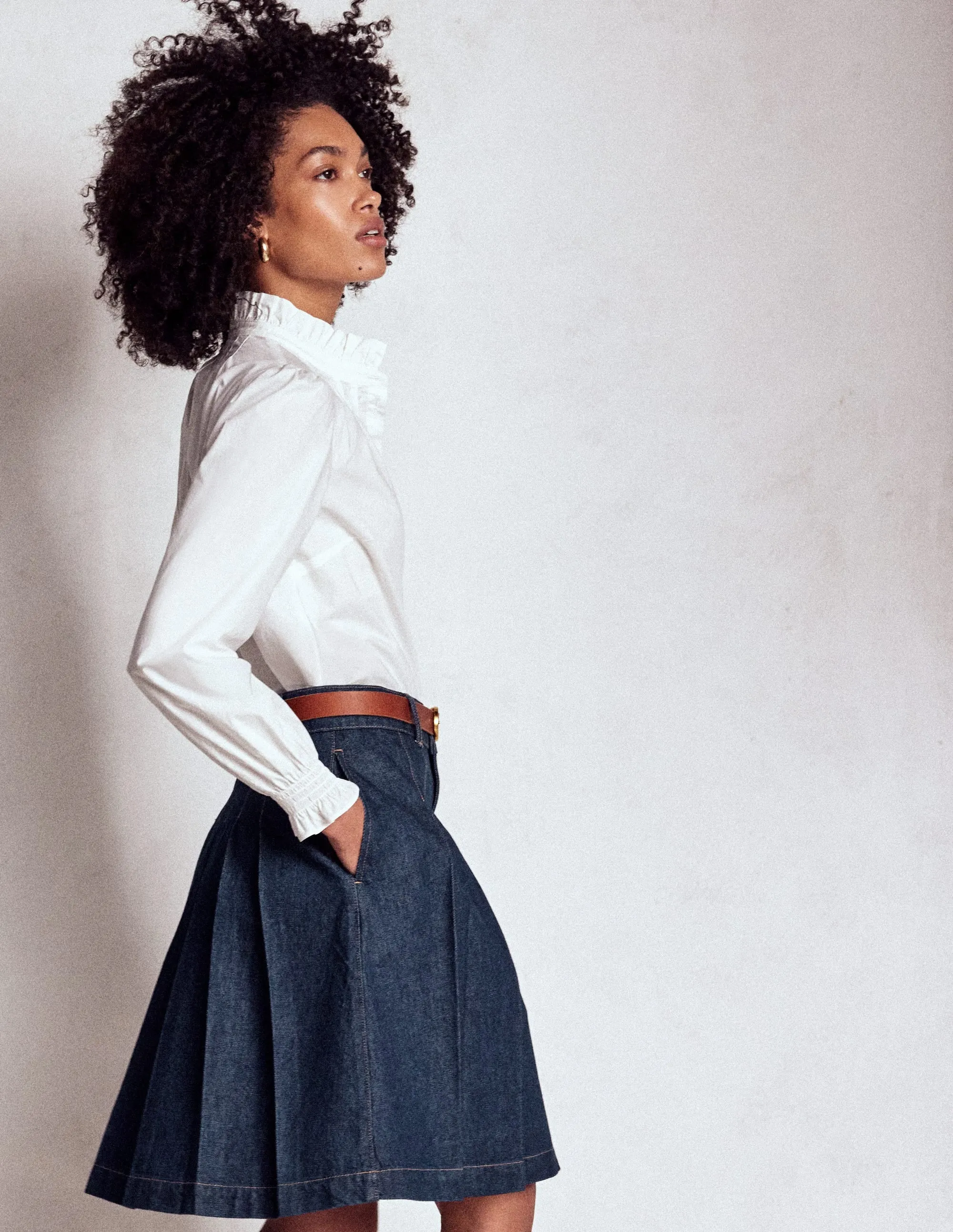 Seasonal special Pleated Denim Skirt-Indigo