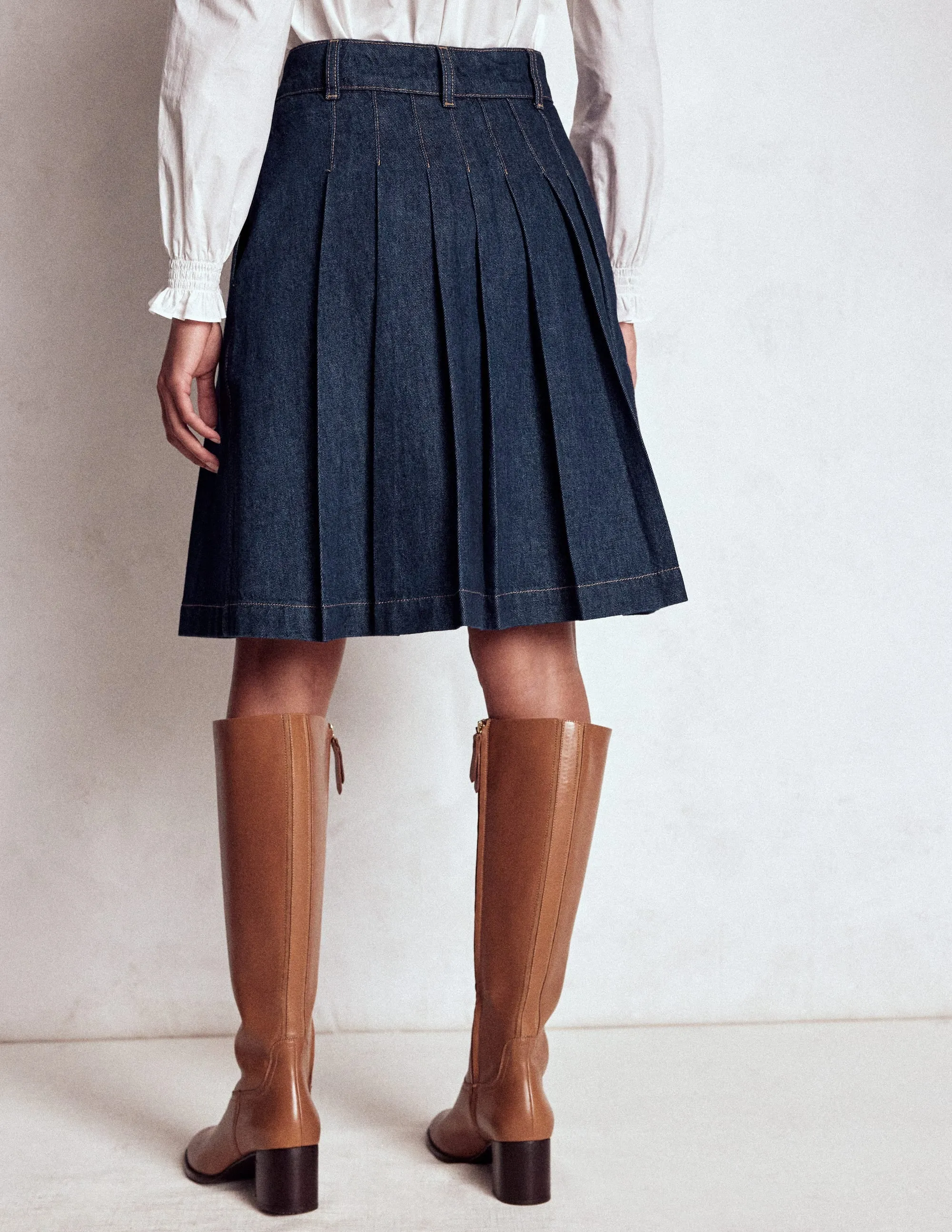 Pleated Denim Skirt-Indigo Fashion Pulse Cotton Rich