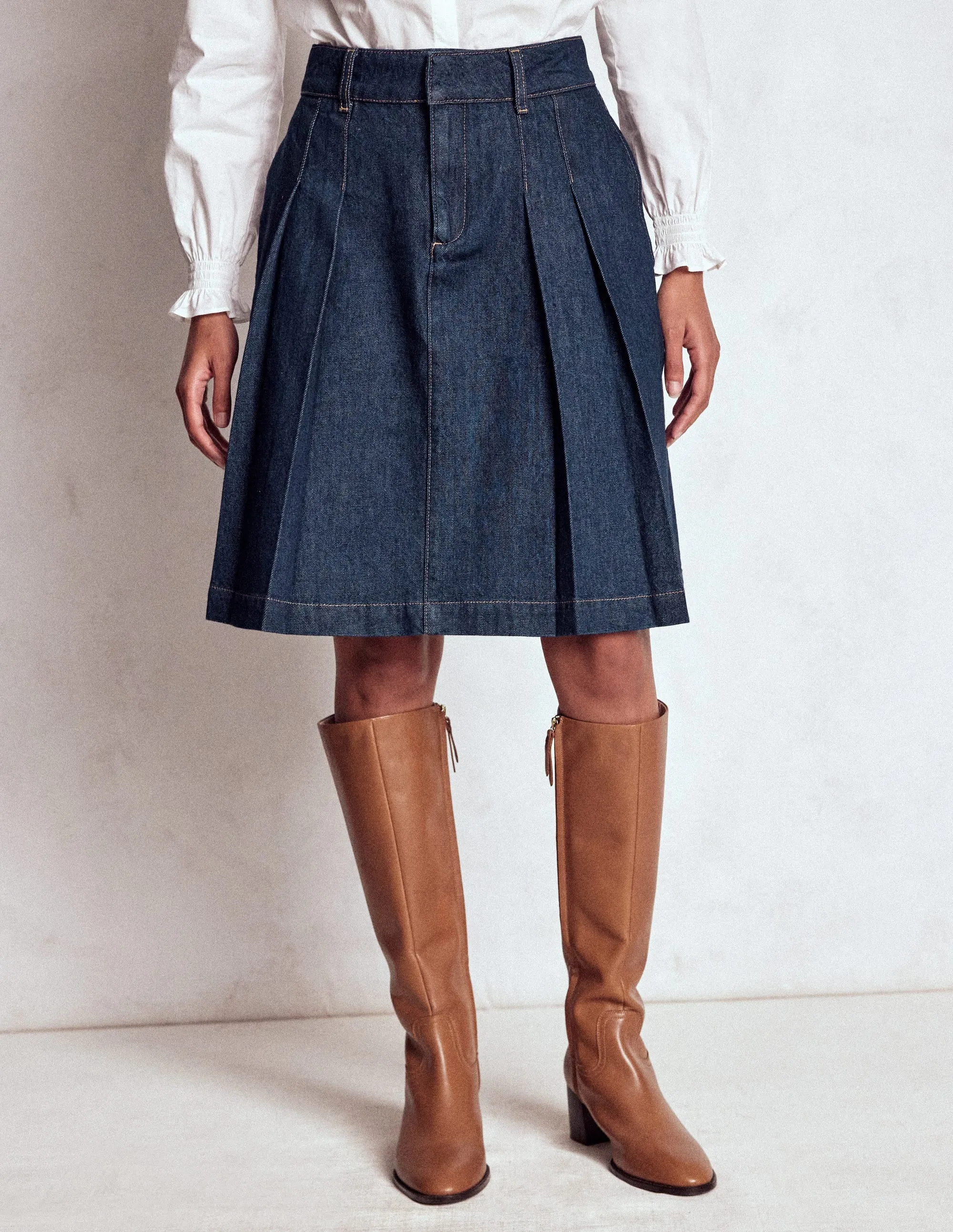 Mix Separates Pleated Denim Skirt-Indigo