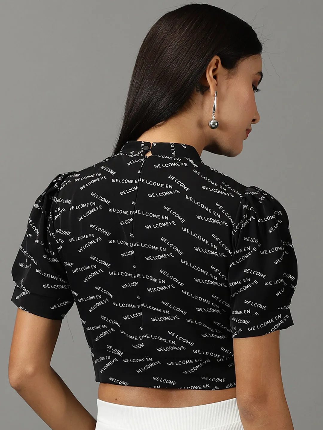 Soft and Light Wear Circular Knit Design Women's Black Typography Printed High Neck Puff Sleeves Crop Top