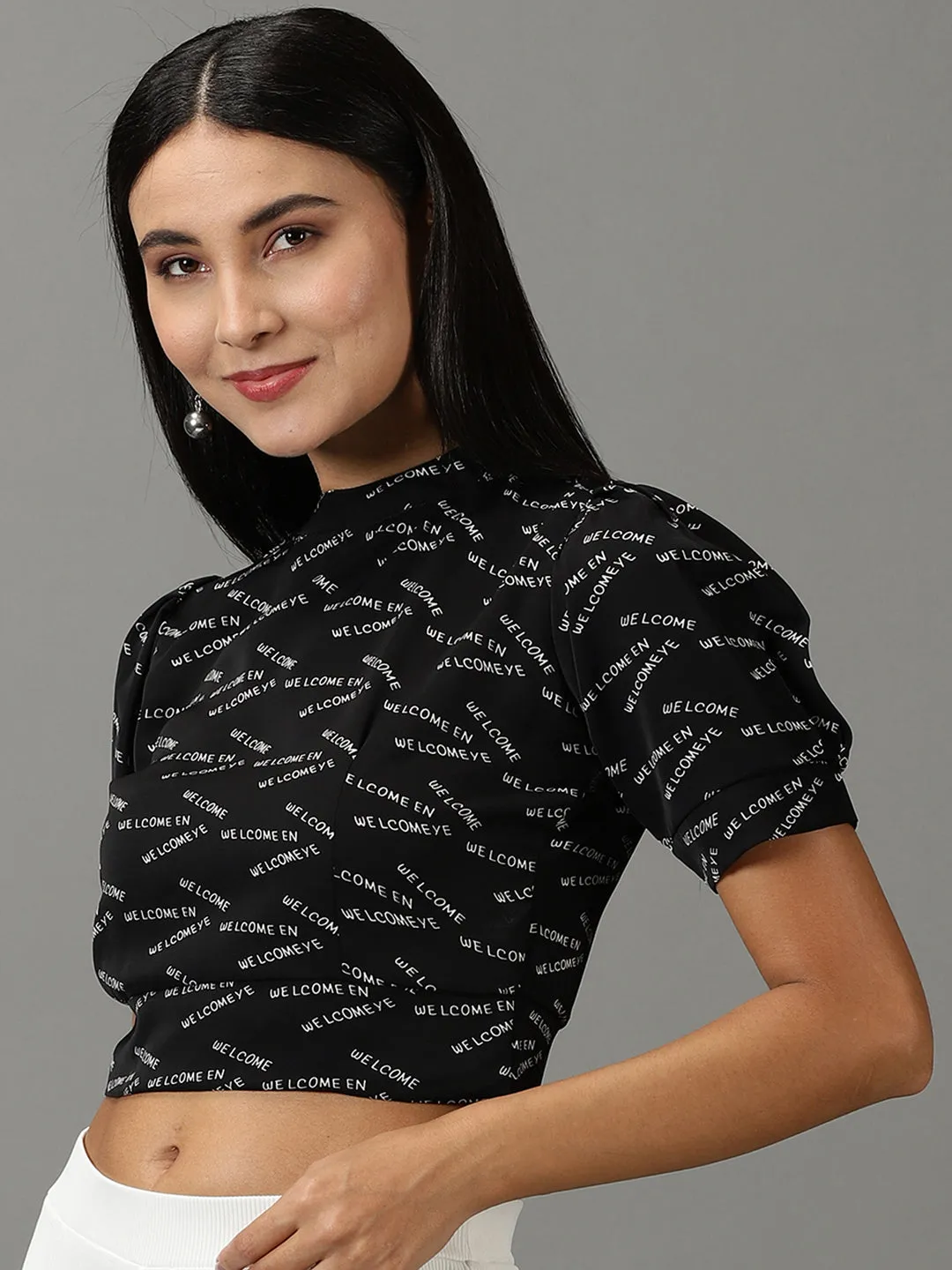 Chic Comfort Women's Black Typography Printed High Neck Puff Sleeves Crop Top