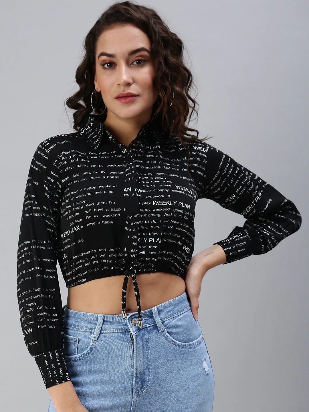 Gym workout Women's Black Print Crepe Shirt Style Crop Top