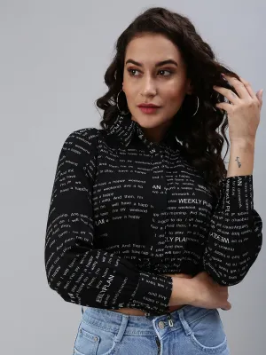 Fade Resistant Coating Stretchable Women's Black Print Crepe Shirt Style Crop Top