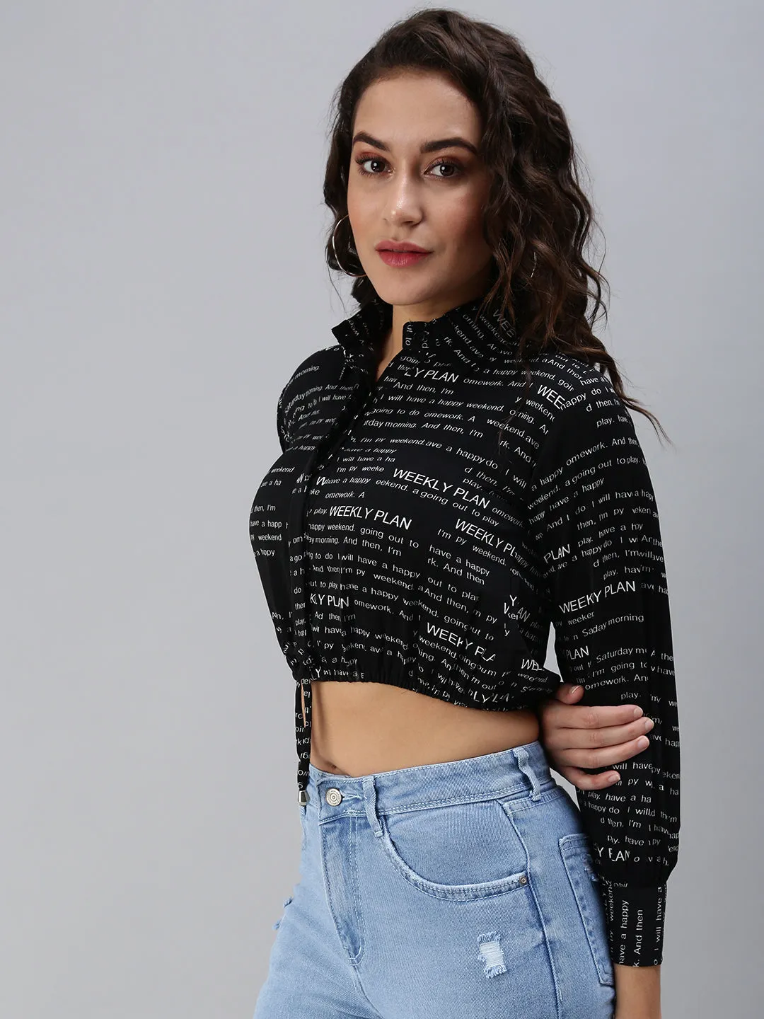 Women's Black Print Crepe Shirt Style Crop Top Casual Active Wear Flexible Ribbed Neckline
