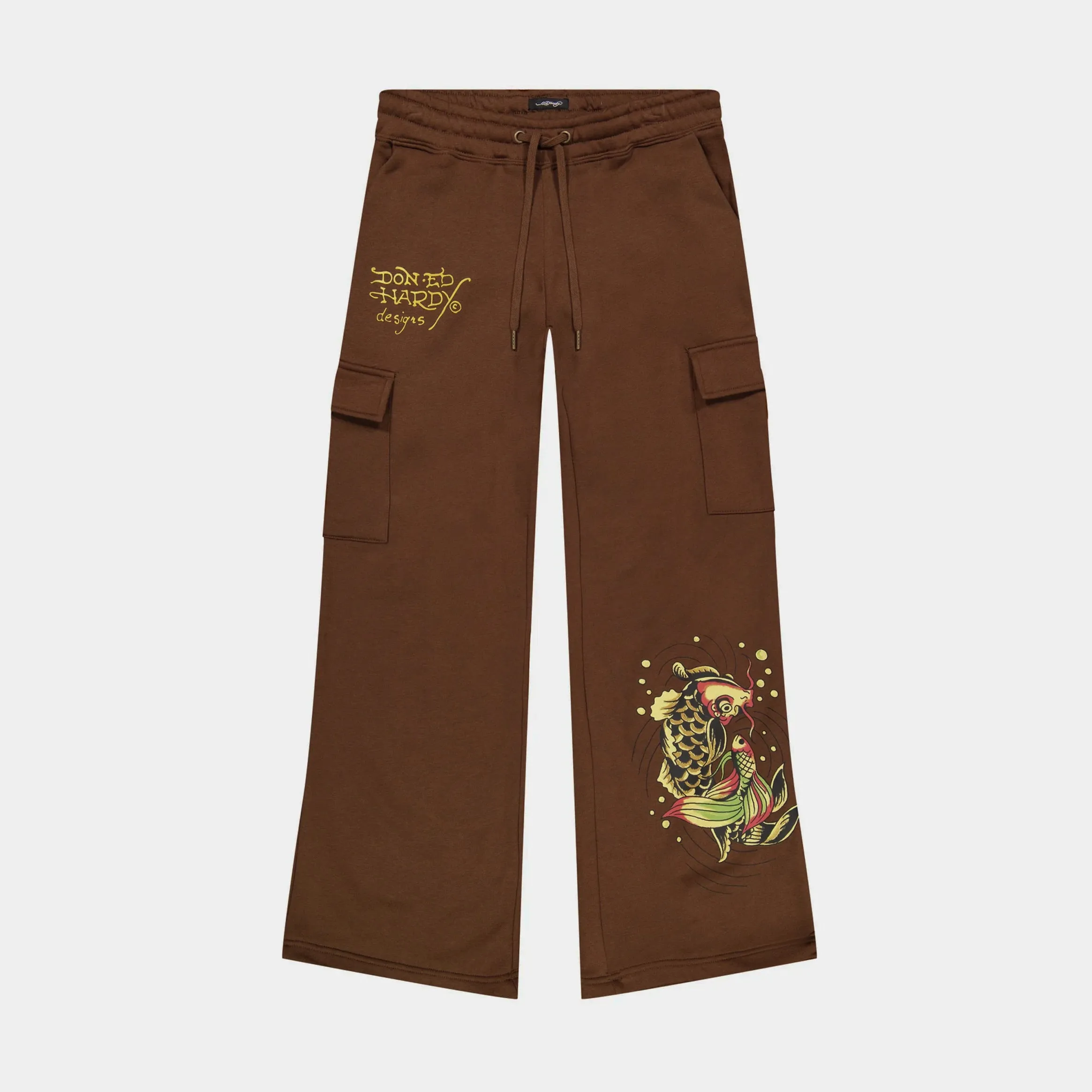 Koi Fish Fleece Cargo Womens Sweatpants (Brown/Yellow) high waisted ResilientElasticBand