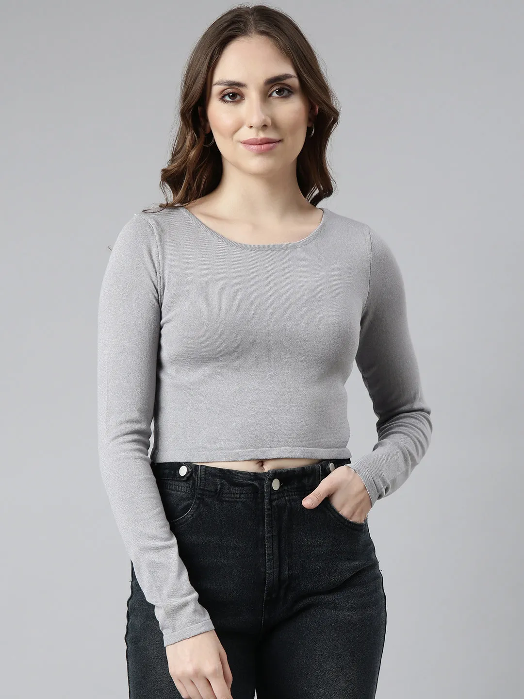Women's Solid Grey Round Neck Crop Top Cozy Fit Design