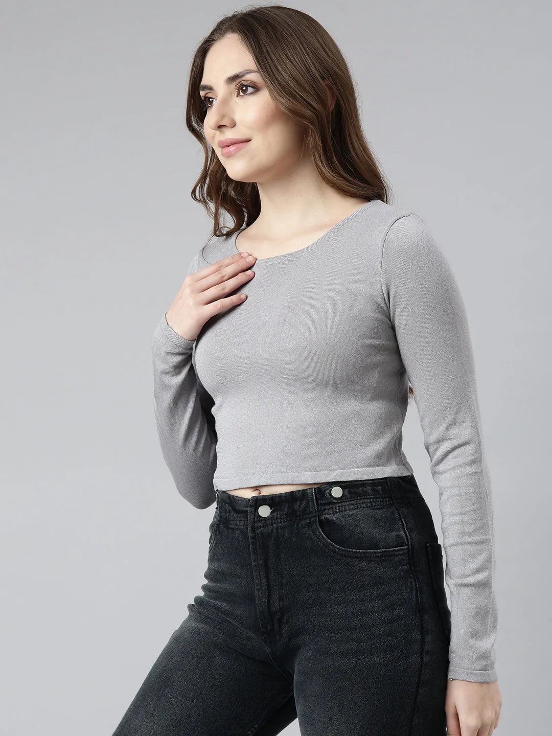 Women's Solid Grey Round Neck Crop Top Minimalist Wear