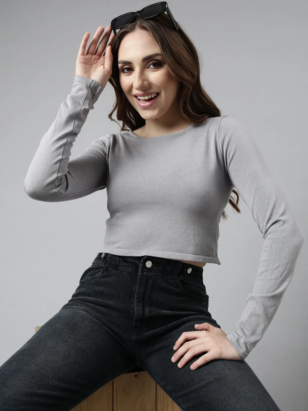 Comfy Choice Women's Solid Grey Round Neck Crop Top