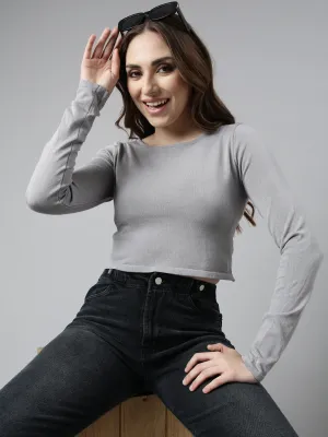 Comfy Choice Women's Solid Grey Round Neck Crop Top