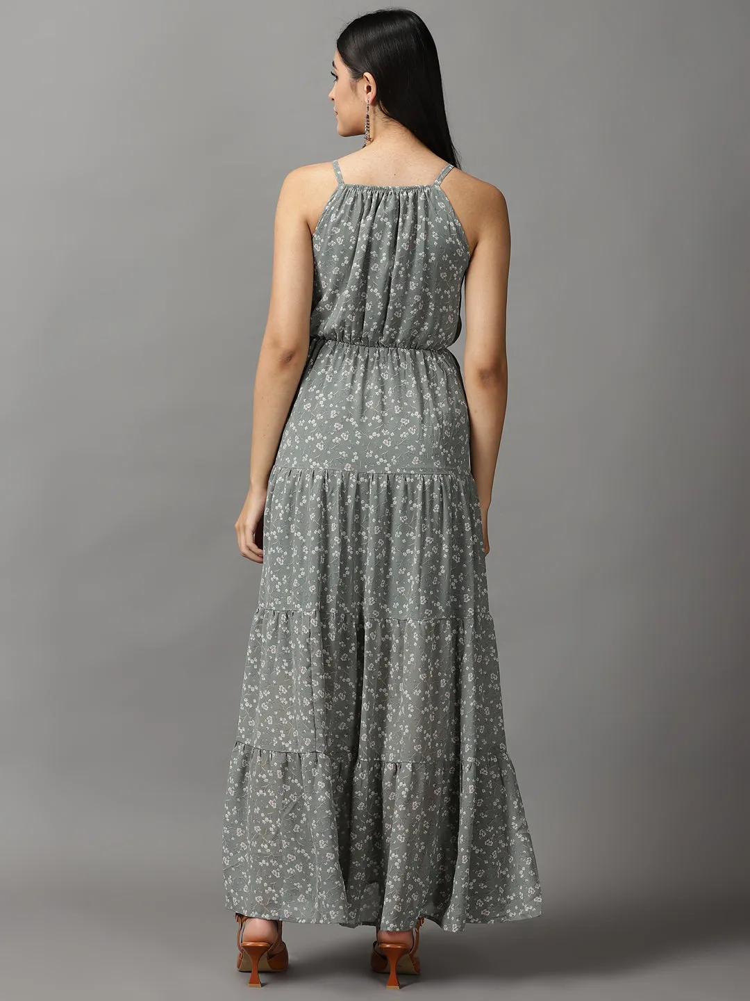 Casual Comfort Wear summer look Women's Olive Off Layered Georgette Fit & Flare Dress