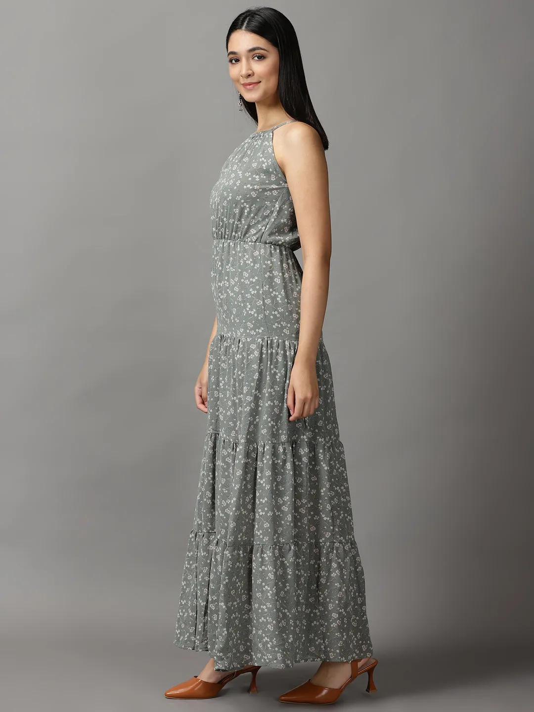 Flowing Texture Women's Olive Off Layered Georgette Fit & Flare Dress