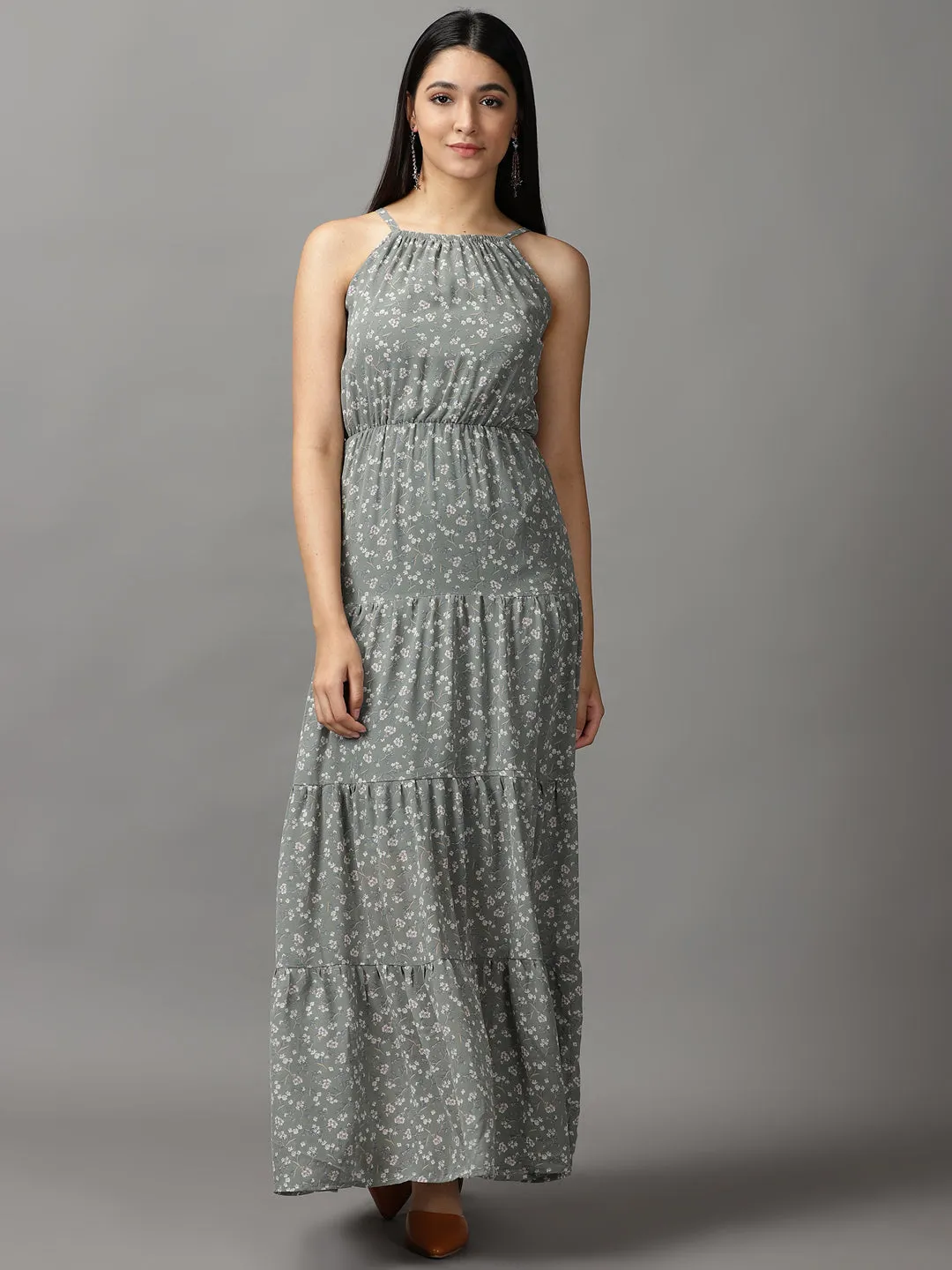 Soft Layering Fit Focused Women's Olive Off Layered Georgette Fit & Flare Dress