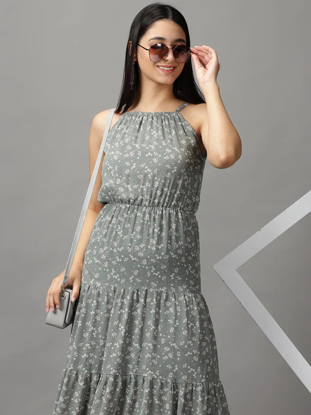 Women's Olive Off Layered Georgette Fit & Flare Dress Bold Style