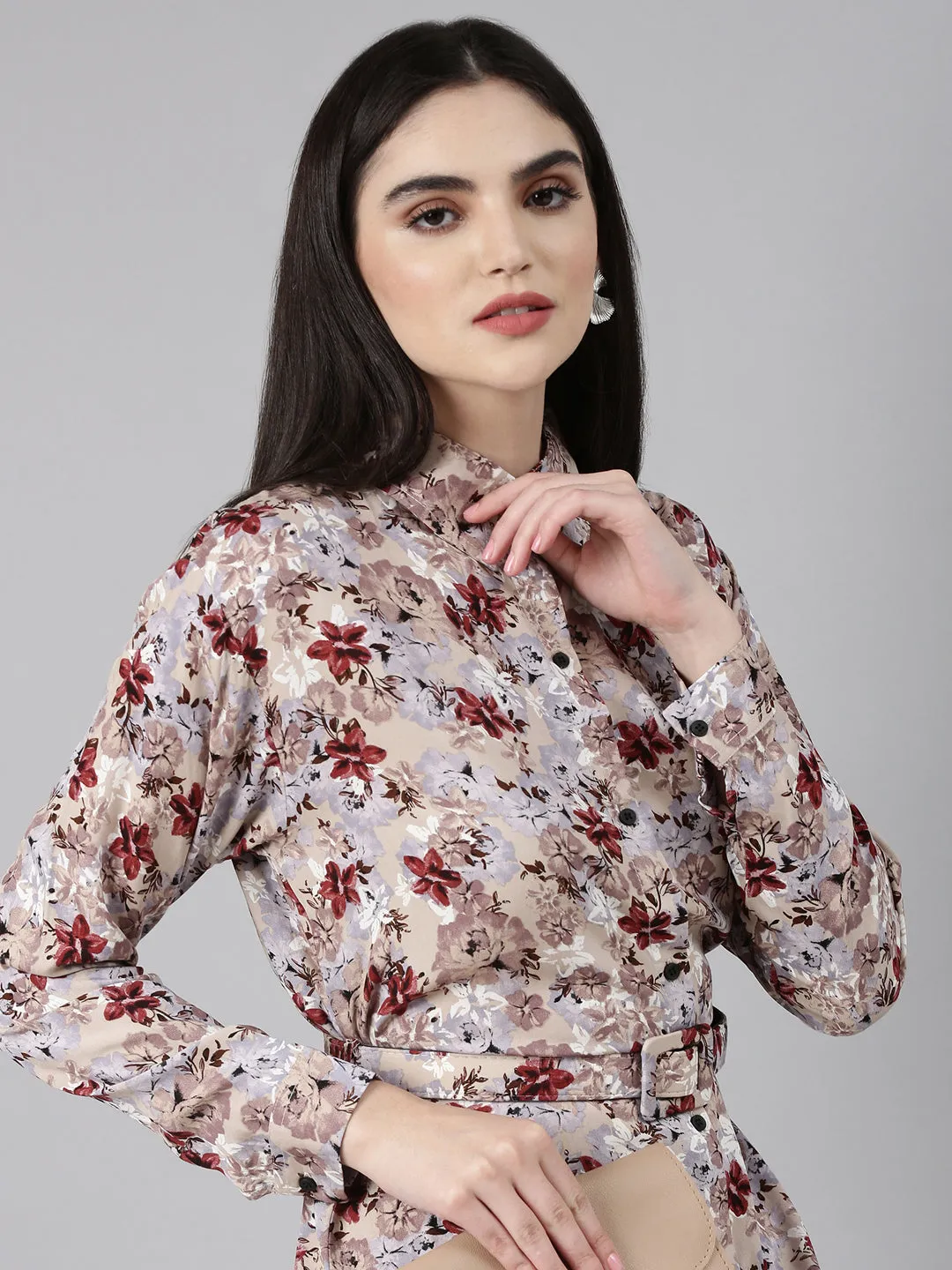 Refined Feel Grace Soft Women's Beige Floral Printed High Low Shirt Dress