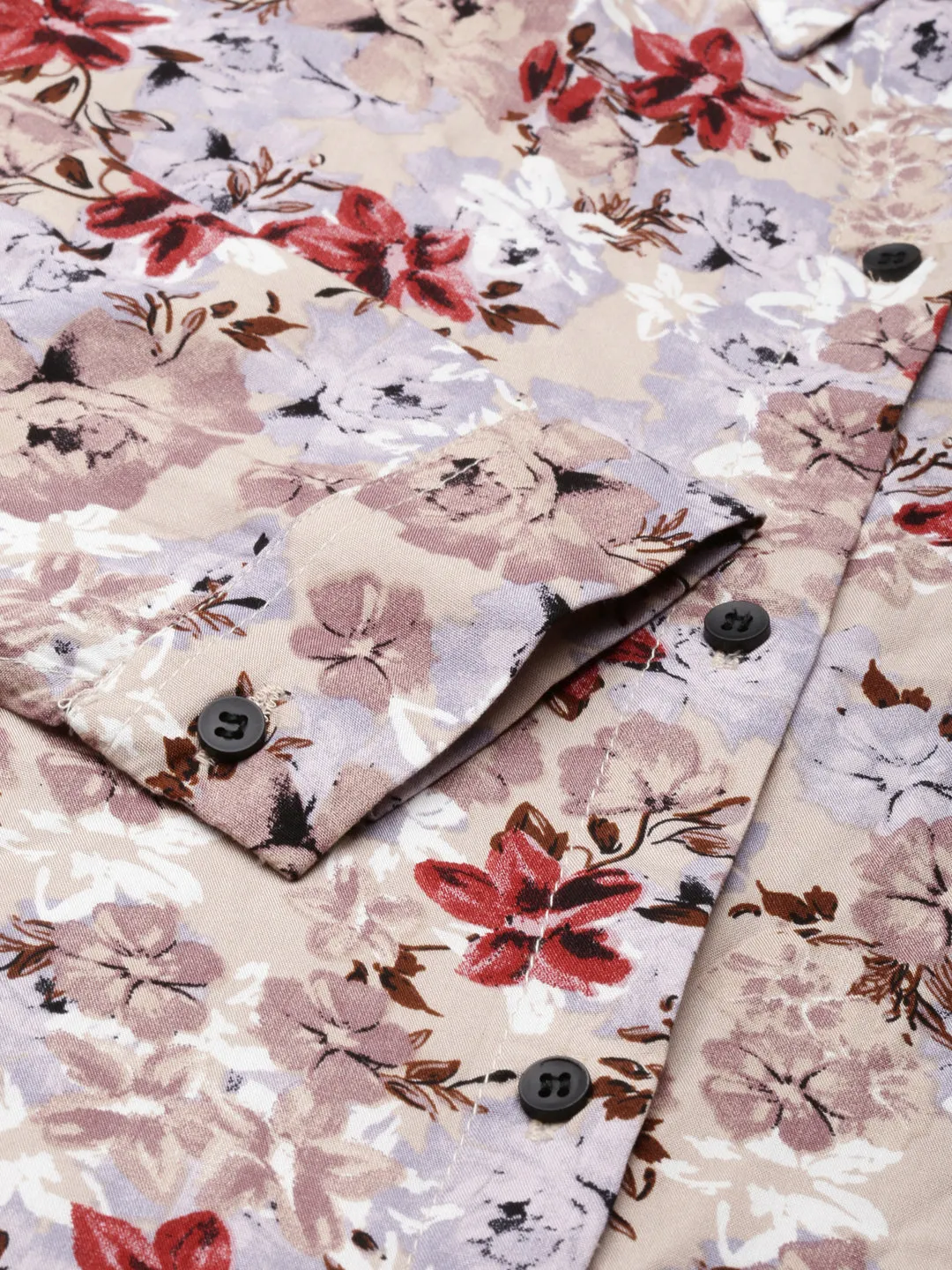 Women's Beige Floral Printed High Low Shirt Dress Soft Mesh Vibe Style