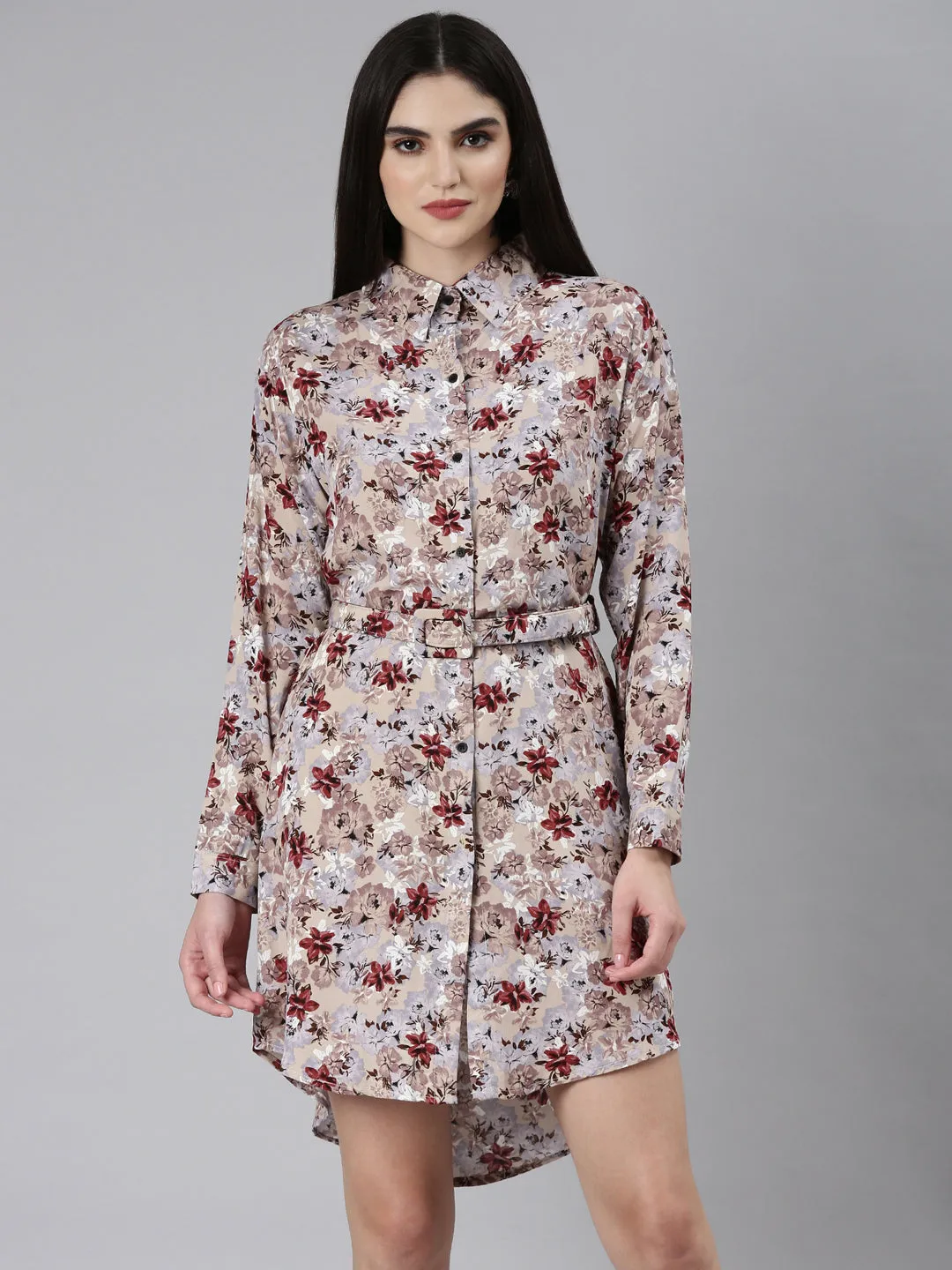 Women's Beige Floral Printed High Low Shirt Dress Fall Piece