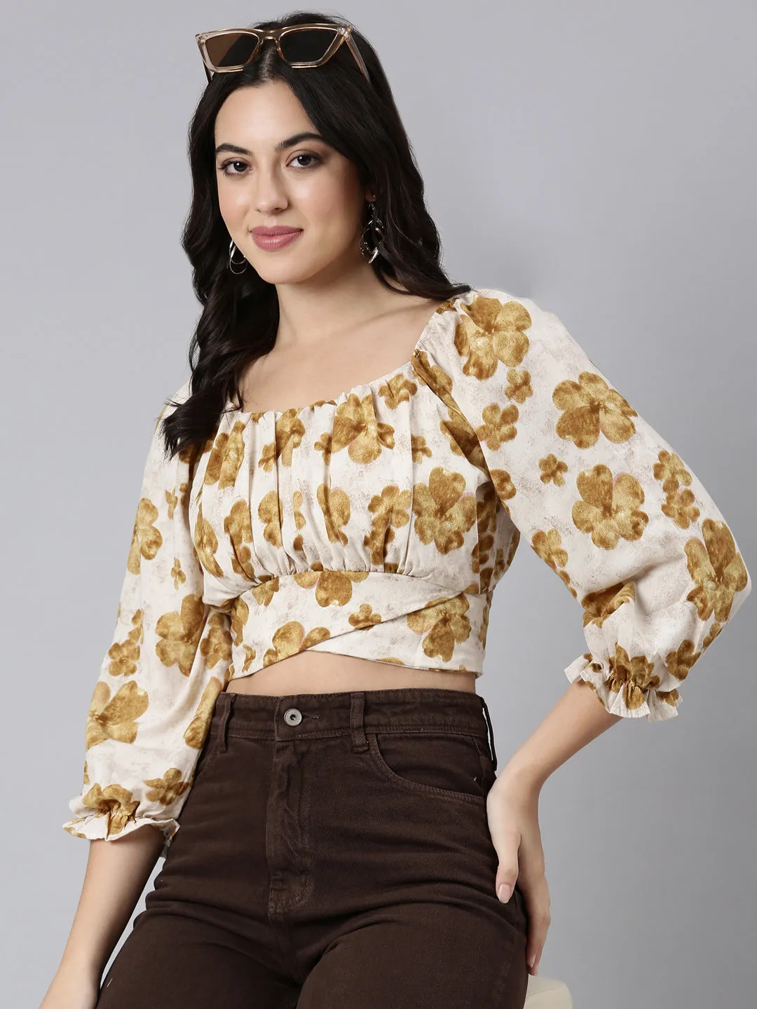 Women's Beige Floral Printed Square Neck Puff Sleeves Crop Top Chill Comfort Look LayeredSleeveConstruction