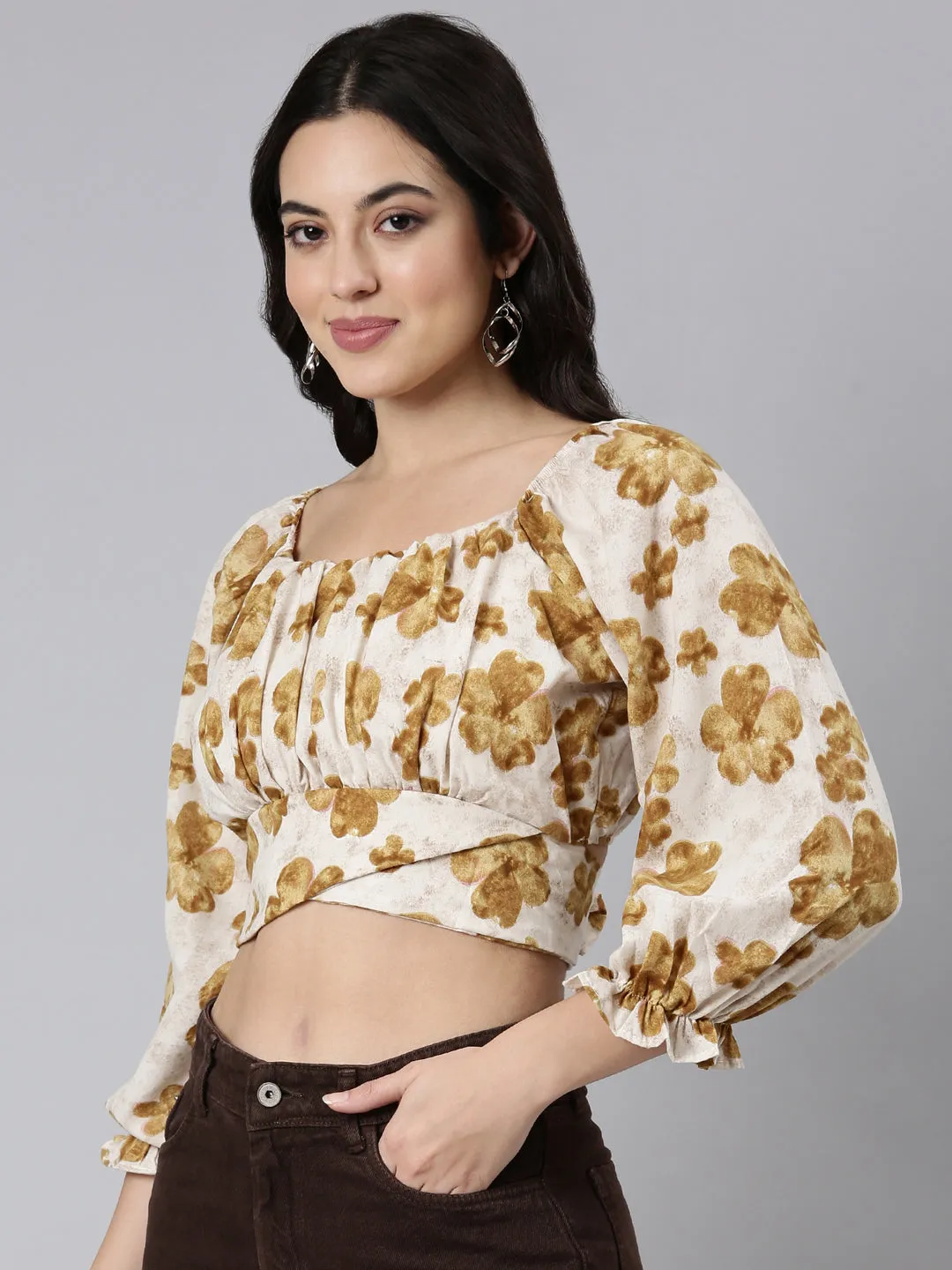 Reinforced Shoulder Flexible Fit Women's Beige Floral Printed Square Neck Puff Sleeves Crop Top