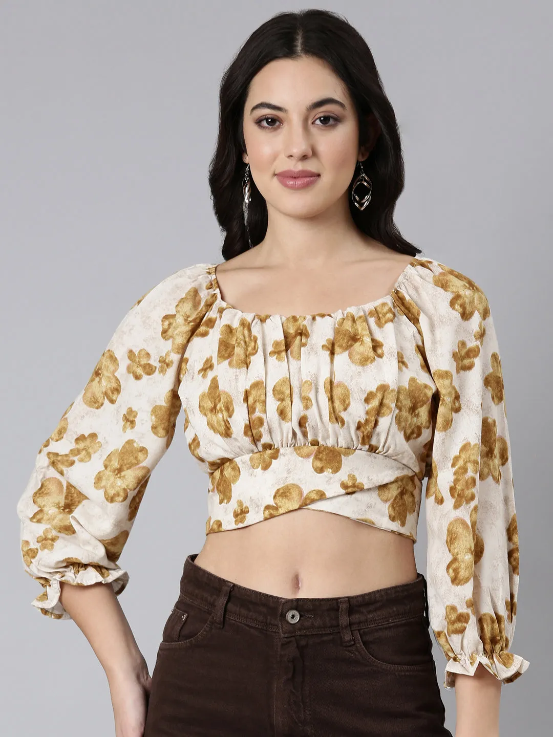 Plus size clothing Women's Beige Floral Printed Square Neck Puff Sleeves Crop Top