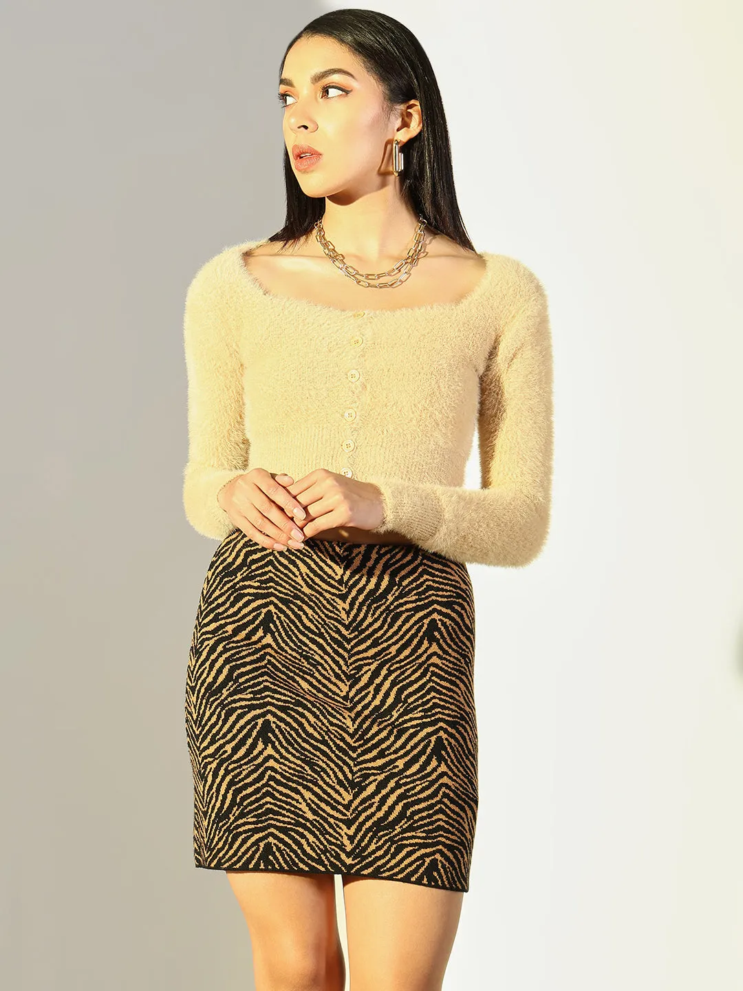 Perfect Layering Active Outfit Women's Beige Fuzzy Square Neck Full sleeves Crop Top