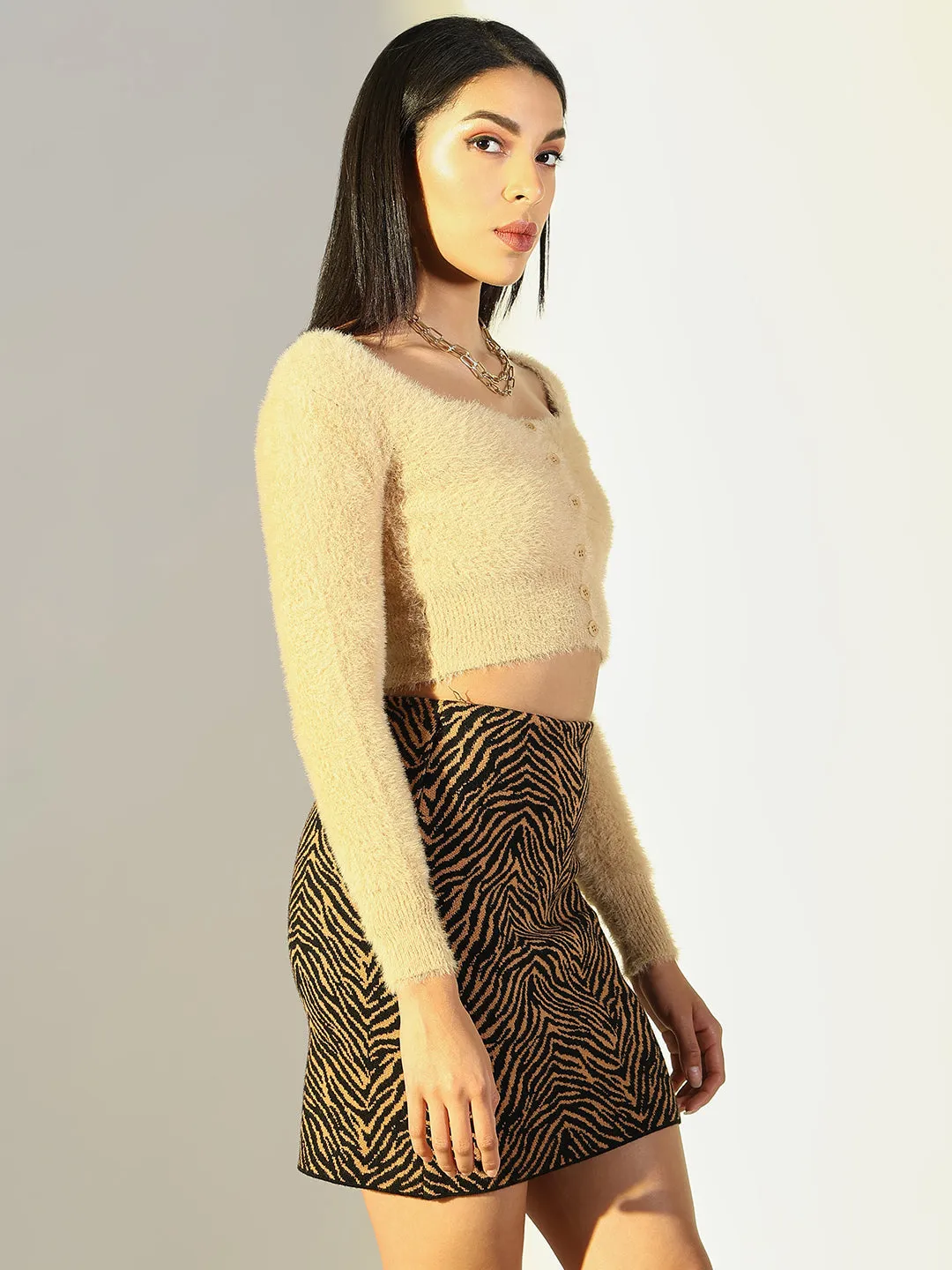 Women's Beige Fuzzy Square Neck Full sleeves Crop Top Cozy Waistband