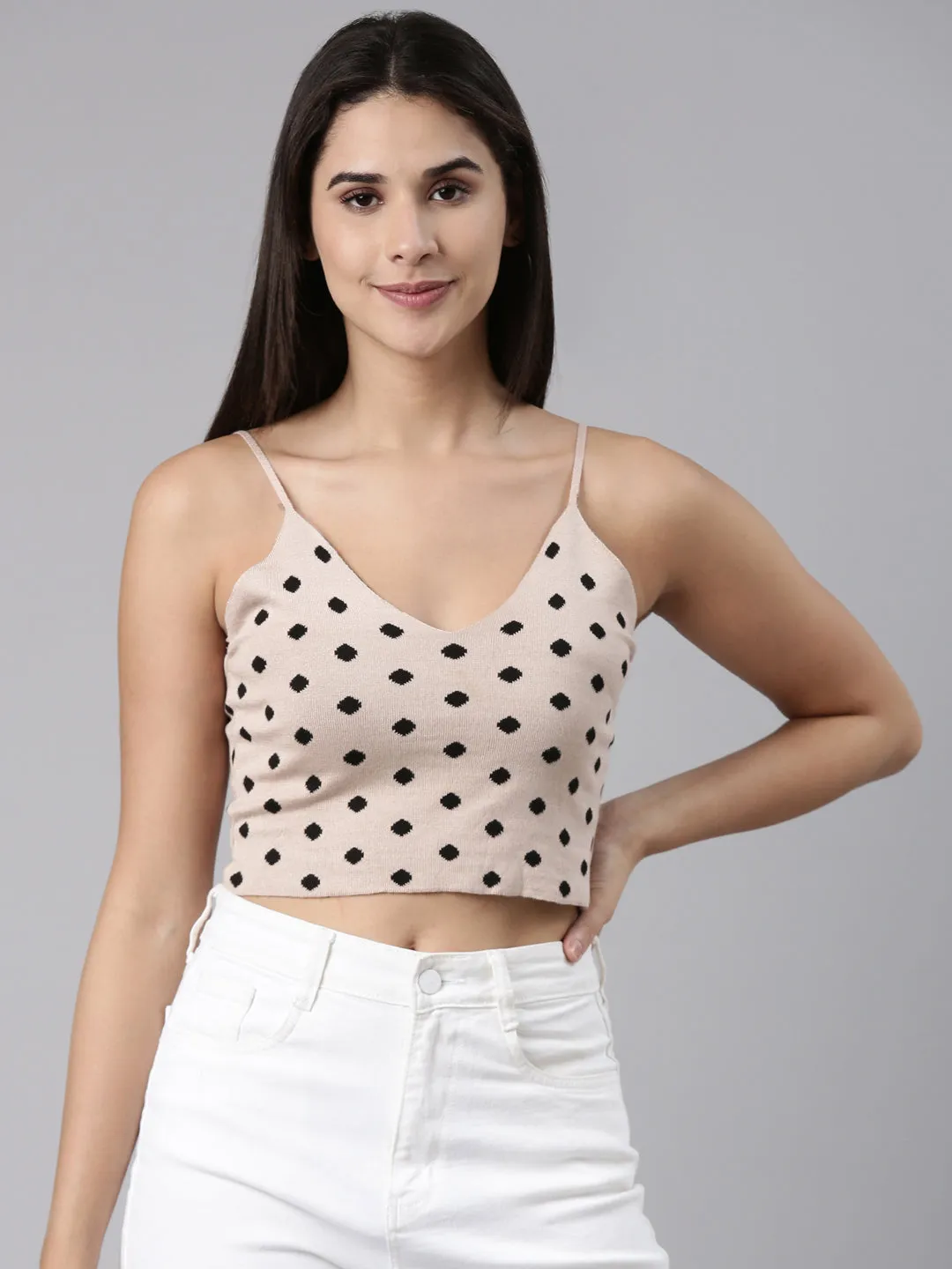 Women's Beige Geometric Printed Shoulder Straps Crop Top Light Casual