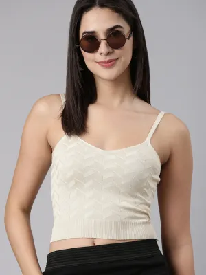 Value for Money Women's Beige Shoulder Straps Ribbed Fitted Crop Top