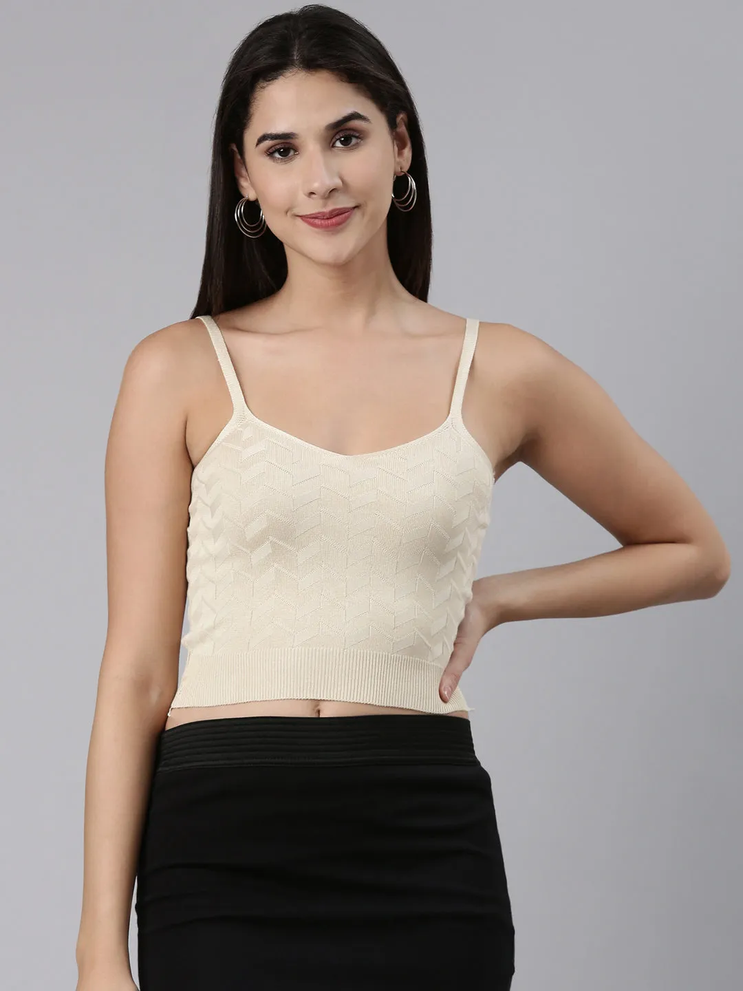 Women's Beige Shoulder Straps Ribbed Fitted Crop Top LayeredHemDetails Travel Comfort Style