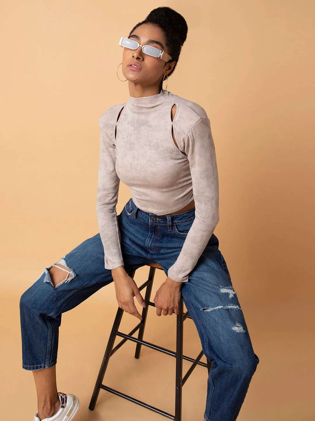 Women's Beige Solid Ruched High Neck Acrylic Top Holiday Casual Street Smart