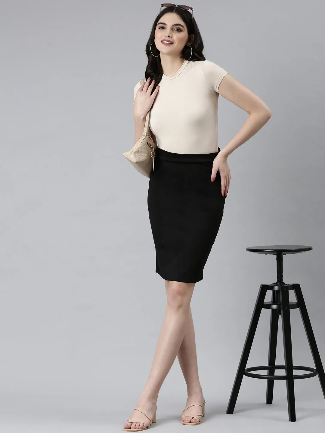 Lightwear Look Organic Cotton Women's Black Above Knee Length Pencil Skirt