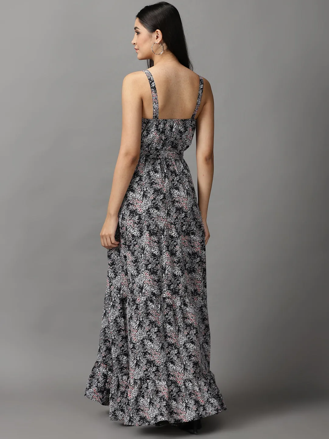 Polite Color Modern Silhouette Women's Black Abstract Printed Fit & Flare Maxi Dress