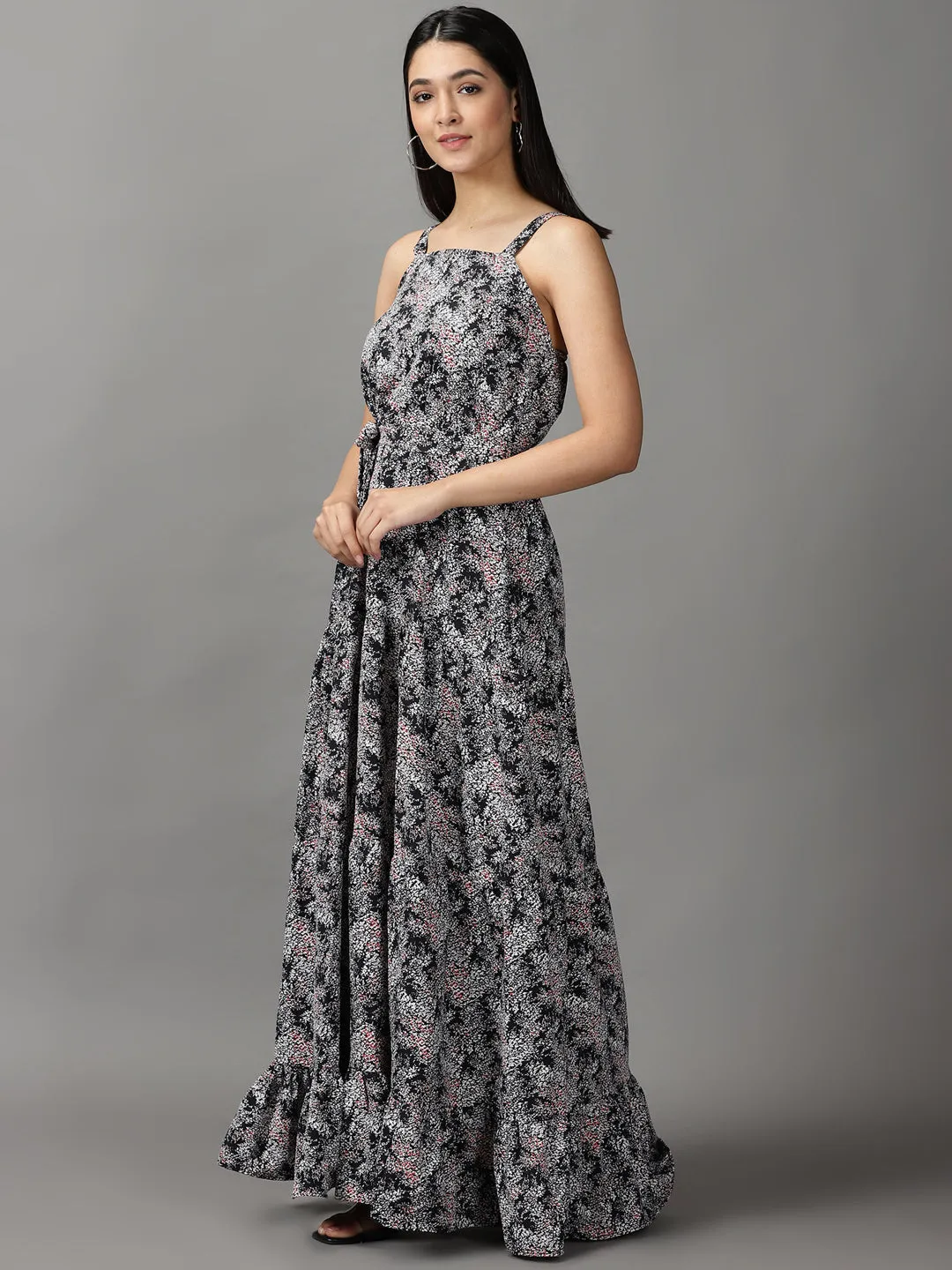 Chic beachwear dress Women's Black Abstract Printed Fit & Flare Maxi Dress