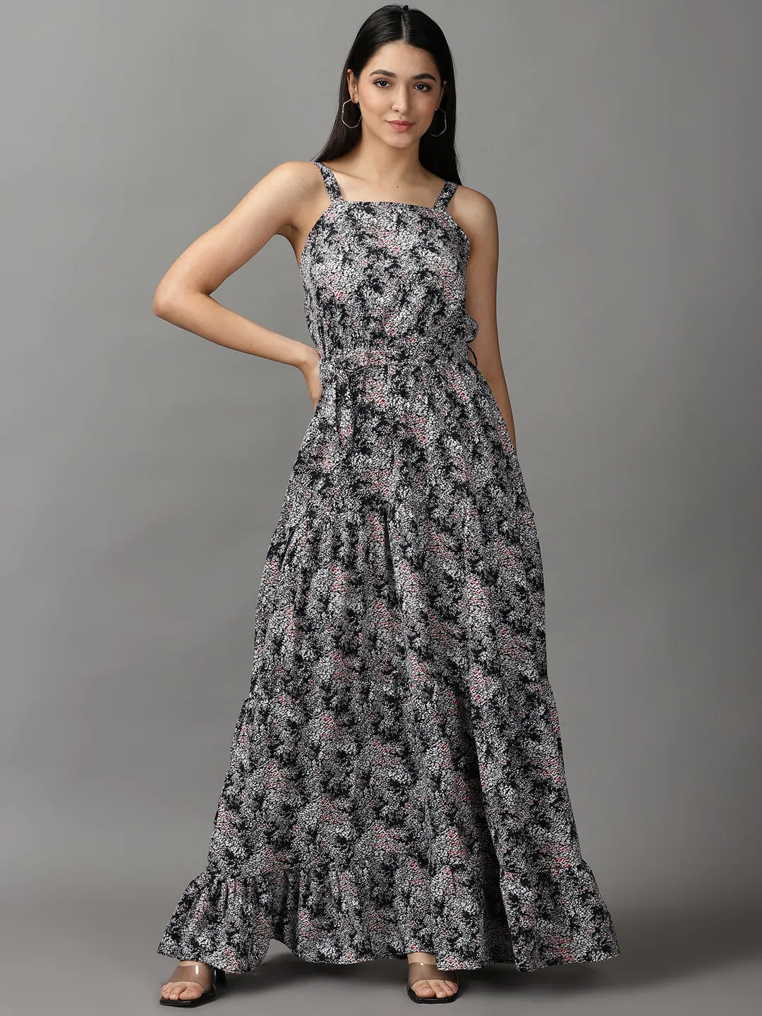 Relax Form Compact Fit Women's Black Abstract Printed Fit & Flare Maxi Dress