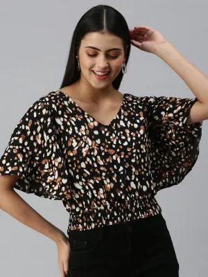 Chilly Weather Style Women's Black Animal Print V-Neck Flared Sleeves Printed Top