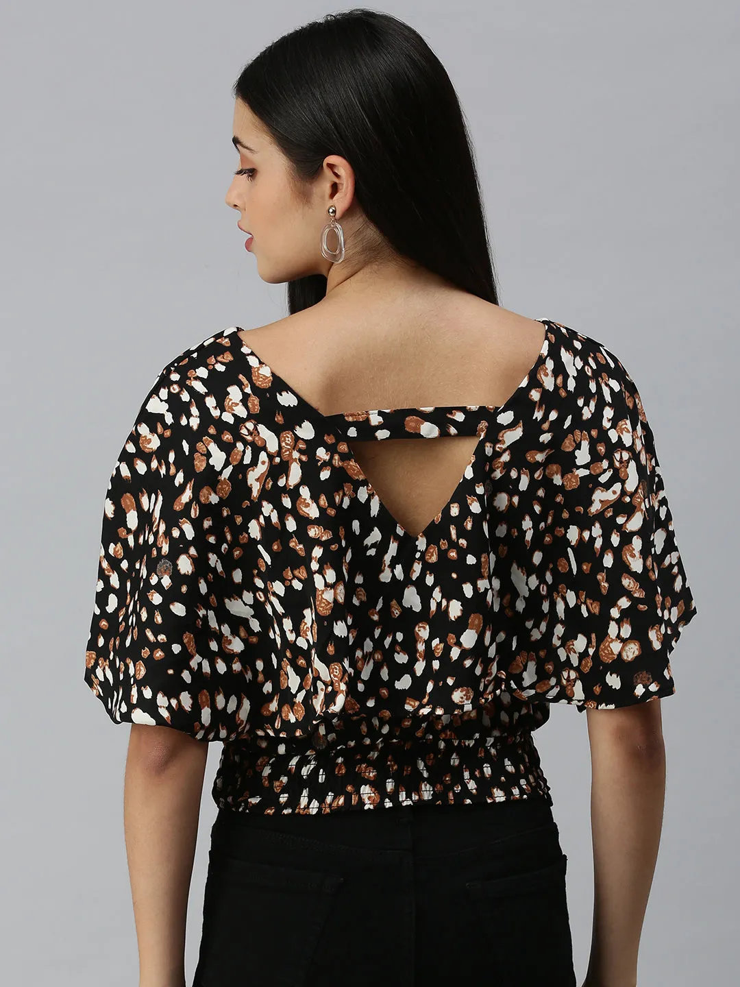 Women's Black Animal Print V-Neck Flared Sleeves Printed Top Relaxed Wear