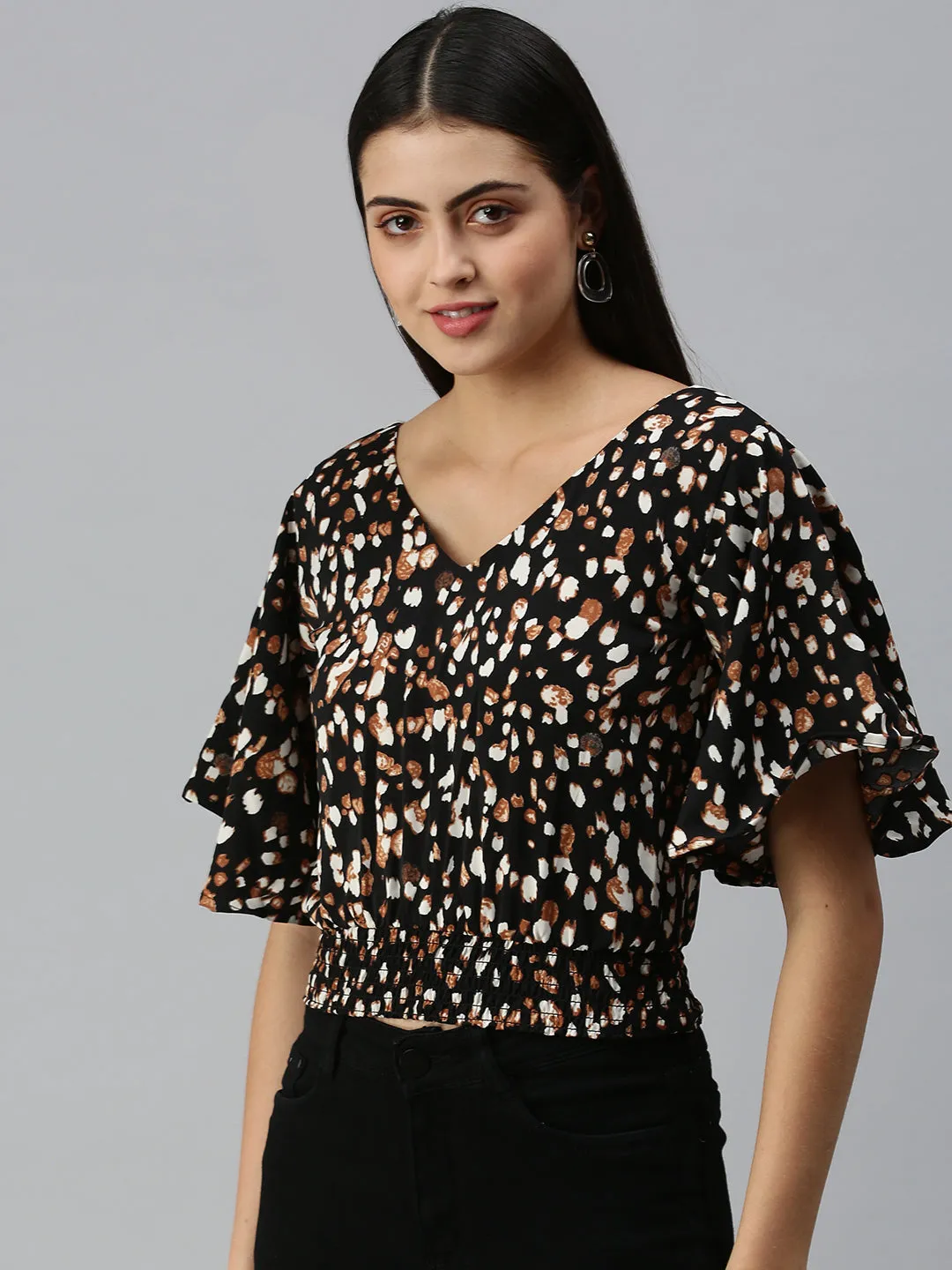 Women's Black Animal Print V-Neck Flared Sleeves Printed Top All Season Wear