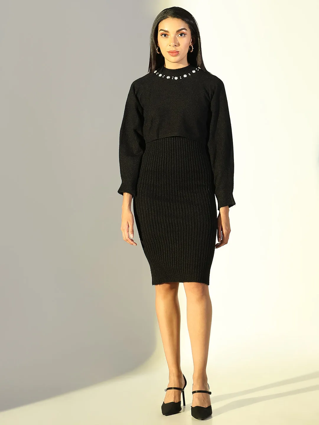 Fresh Stitch Smooth-Finish Women's Black Bodycon Dress