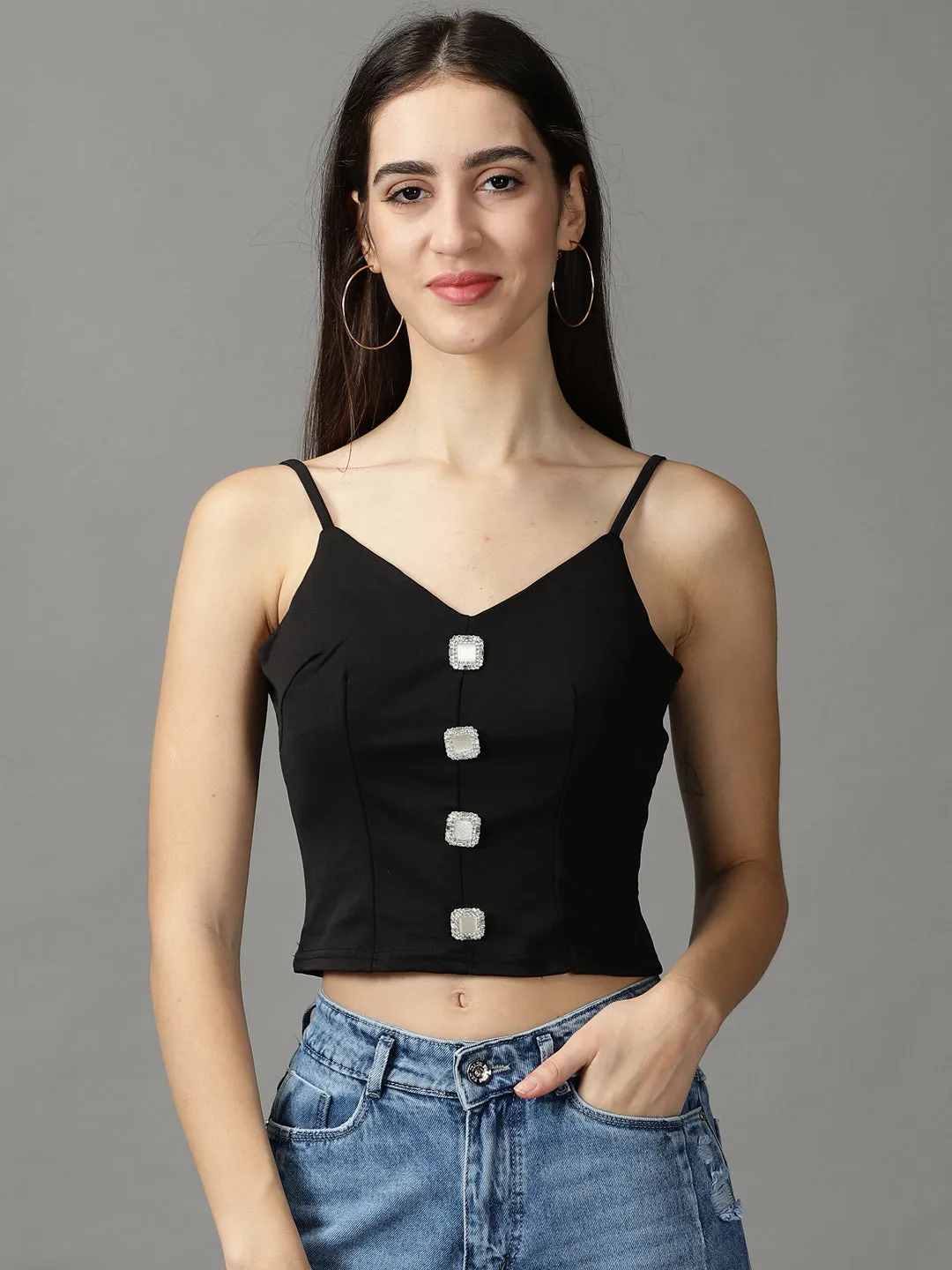 Travel Friendly Chic Outfit Women's Black Button Studded Fitted Crop Top