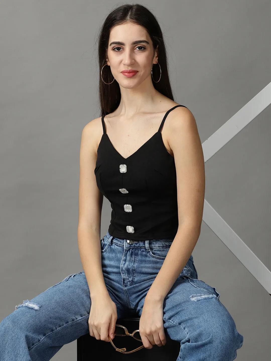 Comfort and Breathable Cozy Wear Women's Black Button Studded Fitted Crop Top