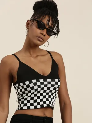 Minimalist Stitching Women's Black Checked Bralette Crop Top