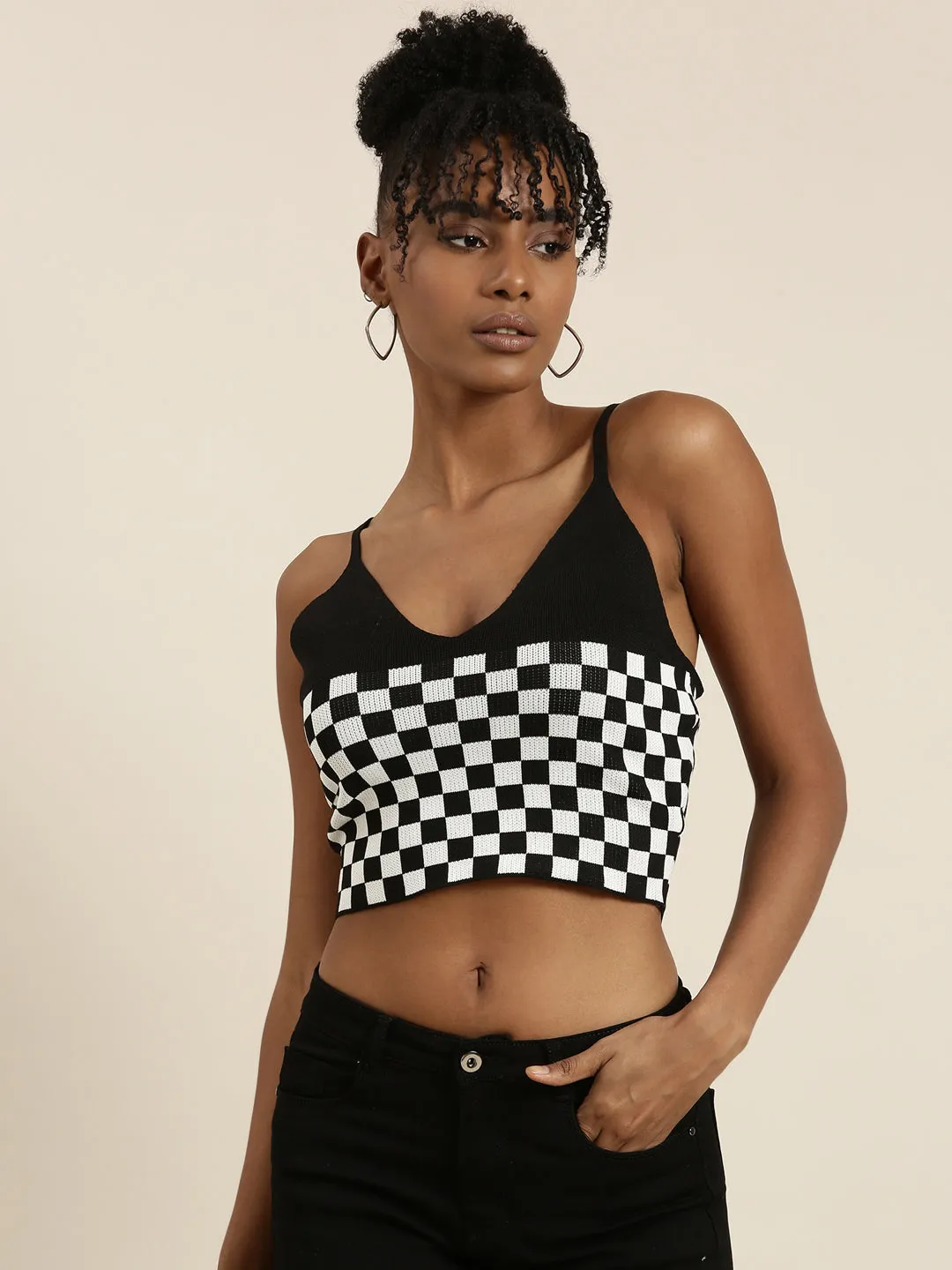Casual Vibe Women's Black Checked Bralette Crop Top