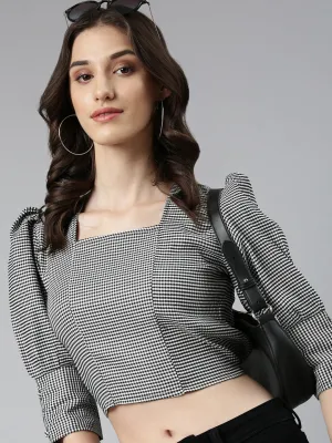 Sleek Stretch Fit Women's Black Checked Puff Sleeves Cotton Crop Top