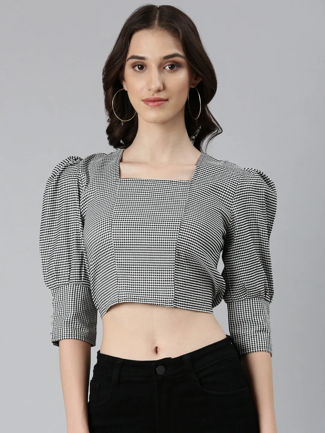 Ribbed collar Everyday Flex Women's Black Checked Puff Sleeves Cotton Crop Top