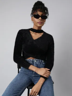 Women's Black Choker Neck Long Sleeves Wrap Crop Top Sustainable Material Blend OversizedSilhouette