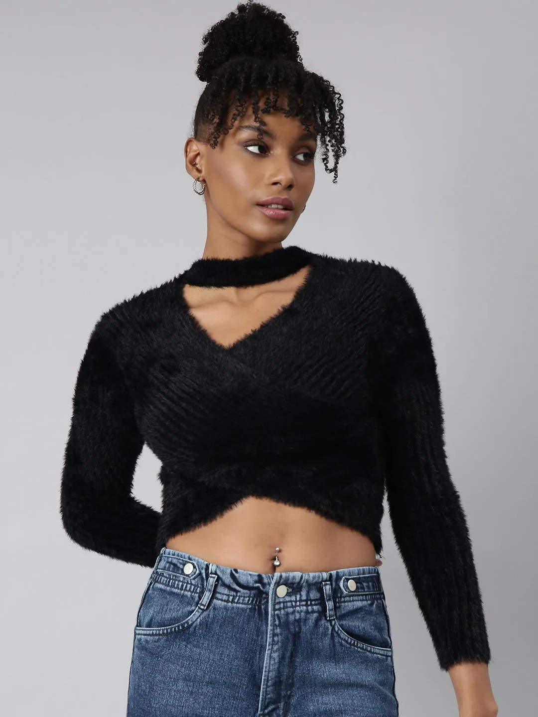Summer Wardrobe Women's Black Choker Neck Long Sleeves Wrap Crop Top