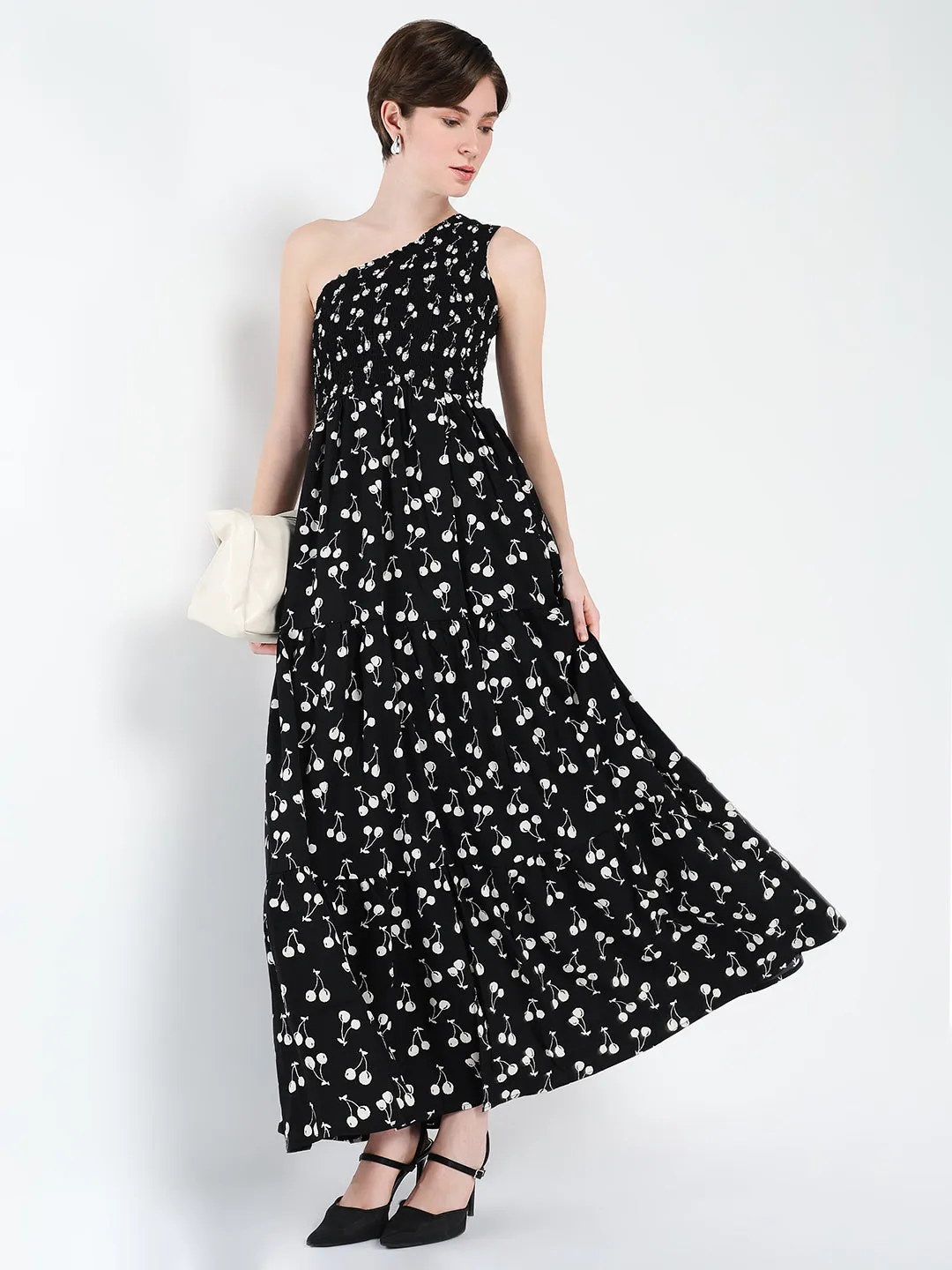 Pure Piece Smooth Shape Women's Black Conversational Printed One Shoulder Fit & Flare Maxi Dress