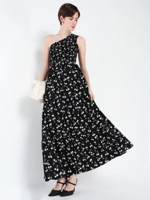 Pure Piece Smooth Shape Women's Black Conversational Printed One Shoulder Fit & Flare Maxi Dress