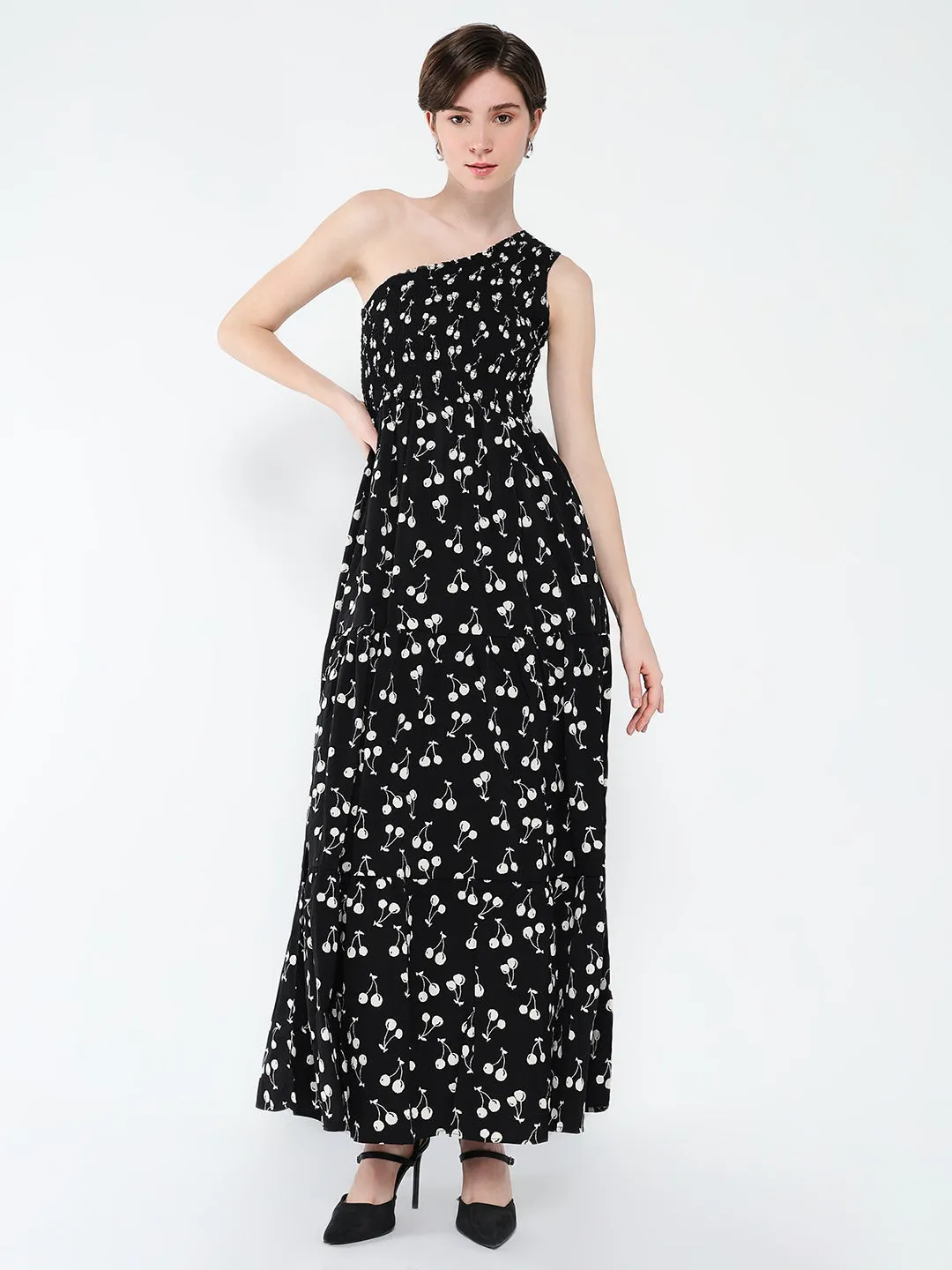 Women's Black Conversational Printed One Shoulder Fit & Flare Maxi Dress Comfortable shift dress