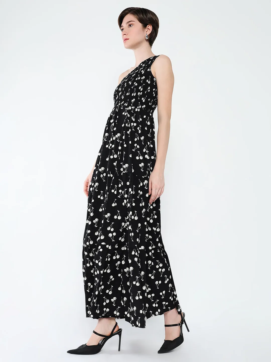 Classic Vibe Chilly Wear Women's Black Conversational Printed One Shoulder Fit & Flare Maxi Dress